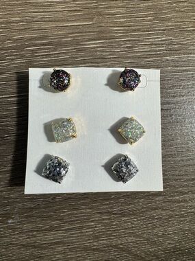 Kate Spade - 3-Pair Glitter Stud Earring Set - Multicolor, White, Silver